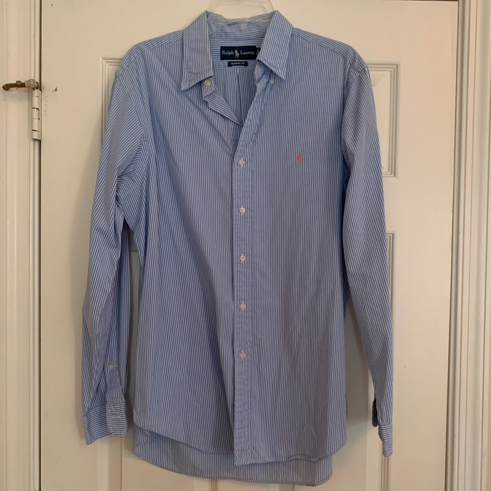 Men’s blue and white polo dress shirt